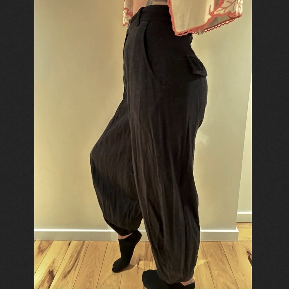 Black Linen Gypsy Pants Harem Balloon Handmade Cozy Button Zipper S 24" Waist
